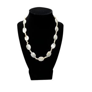 MOTHER OF PEARL Beaded Necklace Oval Shell Statement 16in Handcrafted Hook Clasp